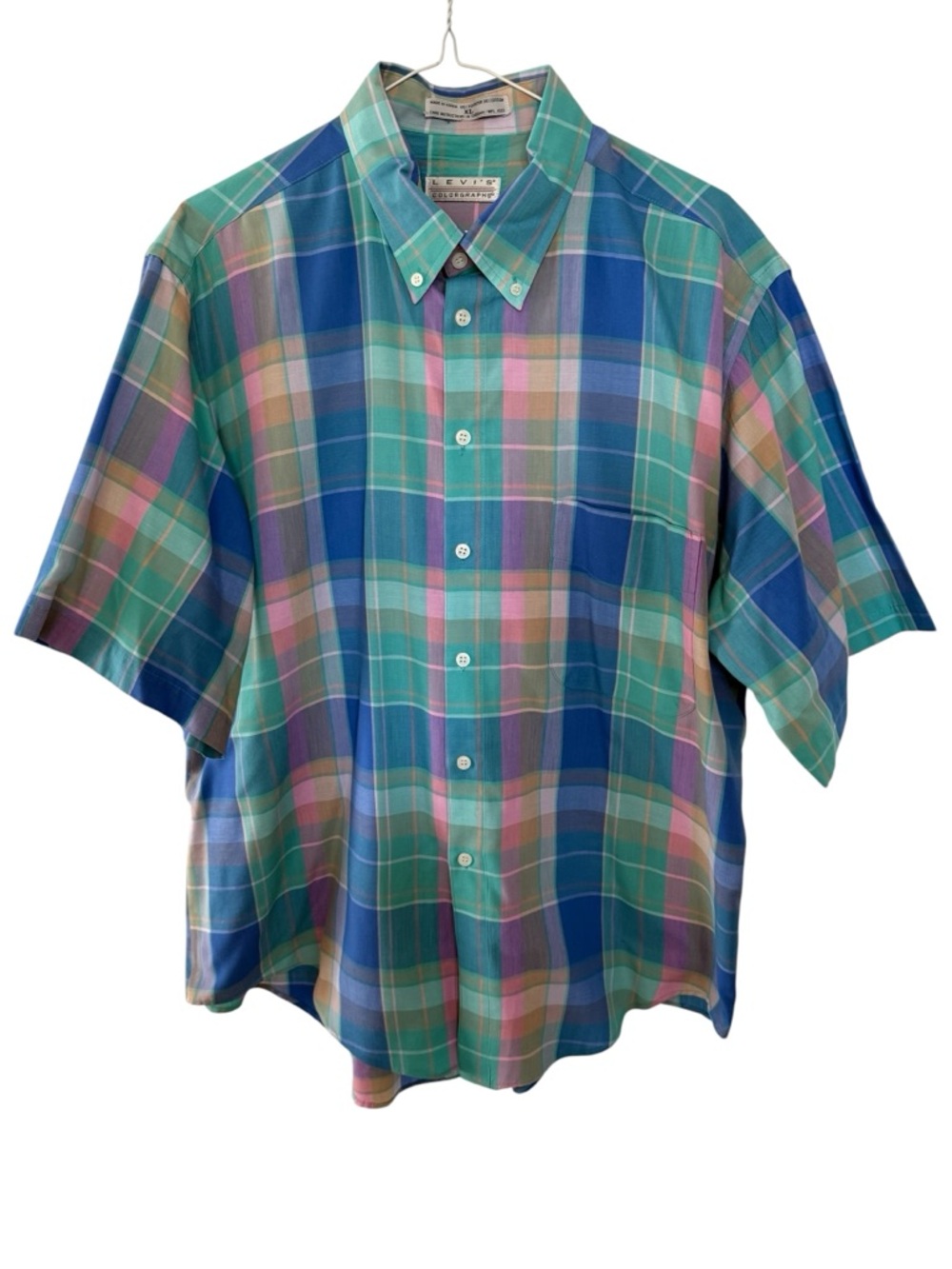 Vintage 80s Levis Colorgraphs Plaid Button Down Shirt Men’s XL Blue Green Tartan